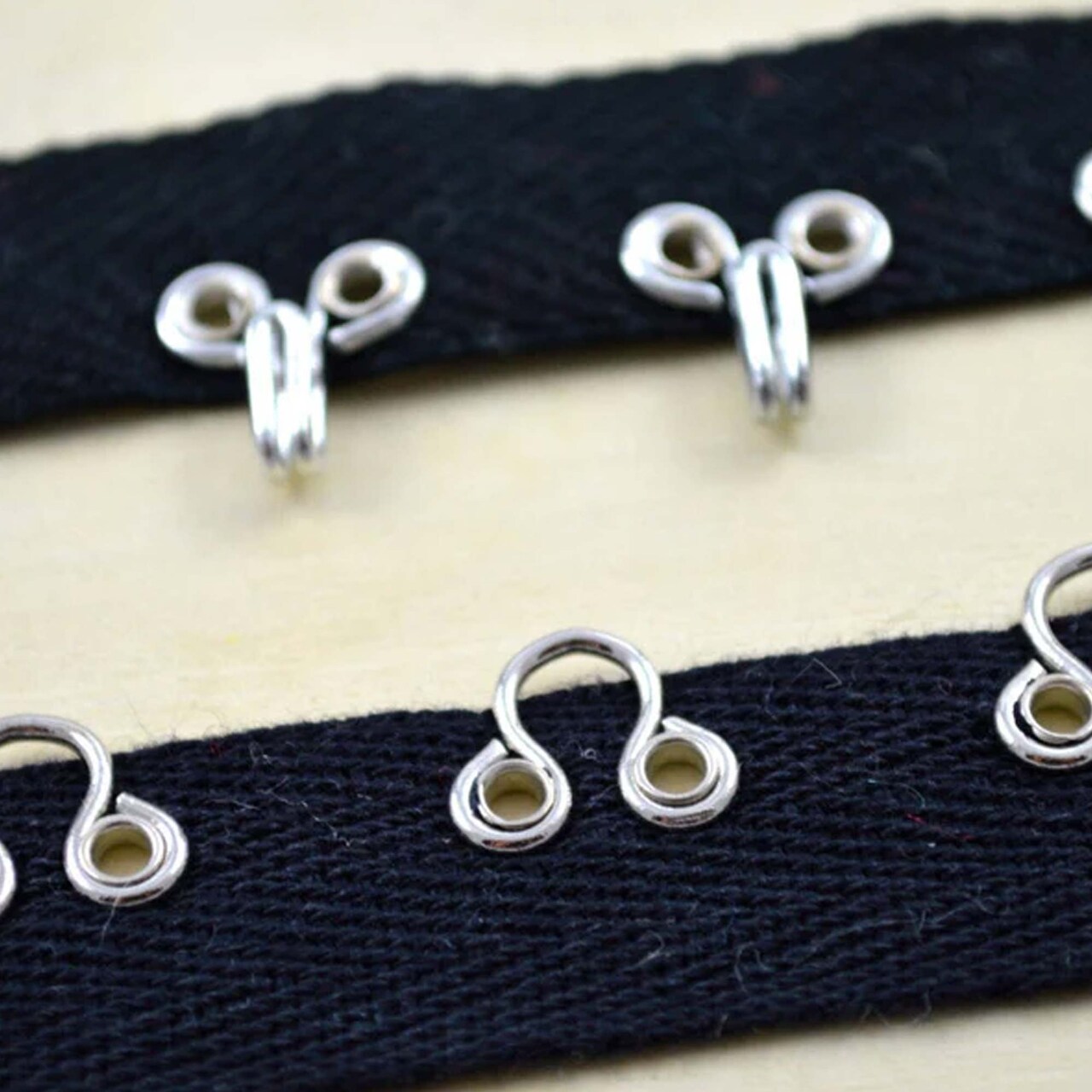 Black and Silver Heavy Duty Hook and Eye Tape 7/8" Cotton Twill Trim with Metal Closures